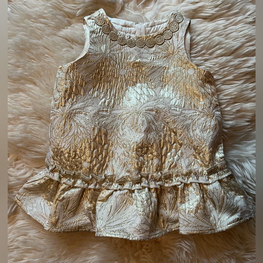 Lilly Pulitzer Gold Metallic Sleeveless Floral Gold Metallic Hamden Dress, 6-12m
